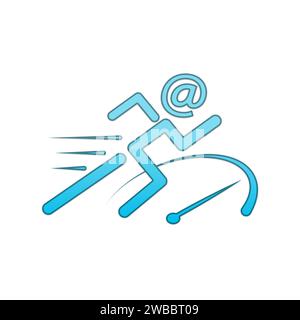 Connexion Internet rapide. Figure humaine avec la tête de symbole d'adresse e-mail courant près du compteur de vitesse sur fond blanc, illustration Banque D'Images