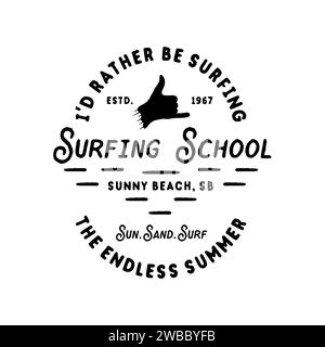 Vintage Surfing School Silhouette Graphics Emblem pour la conception Web ou l'impression. Modèle de logo surfeur. Activité de plein air - embarquement sur les vagues. Hipster vectoriel Illustration de Vecteur