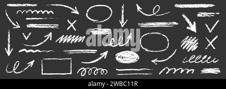 Flèche griffonnant à la craie, jeu de pinceaux. Flèche crayon, soulignement, éléments de vérification de marque manuscrite. Crayon à griffonner dessiné à la main vectoriel, texture de pinceau d'esquisse de marqueur. Illustration vectorielle brute à la craie Illustration de Vecteur
