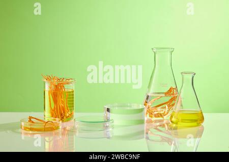 Équipement de laboratoire Cordyceps et podium vide décoré sur fond vert. Espace pour placer des produits avec des extraits de ce précieux médicament. Chinois et T Banque D'Images