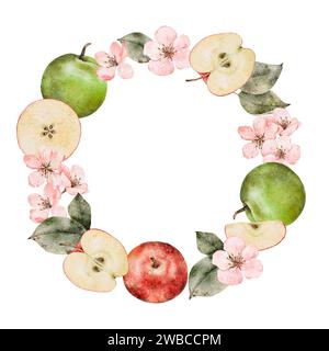 Branches de pommier fleuries à l'aquarelle, couronne de pommes mûres verte et rouge. Illustration de tranches de pomme dessinées à la main pour le paquet de jus, carte, invitation, étiquettes Banque D'Images