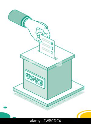 Concept de vote. La main place le bulletin de vote dans la boîte de vote. Illustration vectorielle. Concept d'élection isométrique avec urne isolée sur fond blanc. Illustration de Vecteur