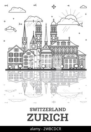 Aperçu Zurich Suisse Skyline de la ville avec bâtiments historiques et reflets isolés sur blanc. Illustration vectorielle. Paysage urbain de Zurich. Illustration de Vecteur