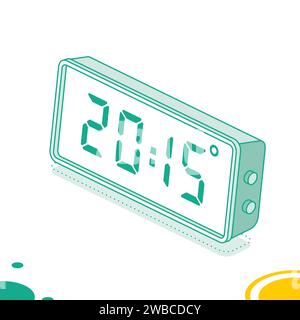 Horloge électronique de bureau isométrique avec grand écran LED. Corps blanc. Icône de réveil numérique isolée sur fond blanc. Montre électronique. Heure i. Illustration de Vecteur