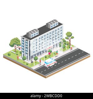 Bâtiment isométrique de l'hôpital. Icône ou élément infographique. Illustration vectorielle. Clinique municipale. Symbole architectural isolé sur fond blanc. Illustration de Vecteur