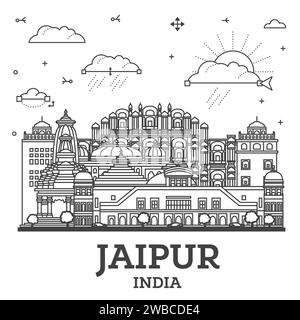 Outline Jaipur India City Skyline avec bâtiments historiques isolés sur White. Illustration vectorielle. Jaipur Cityscape avec des monuments. Illustration de Vecteur