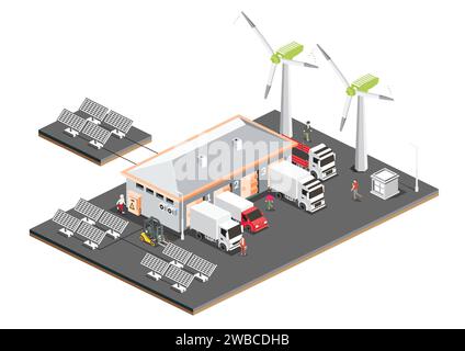 Centre logistique de distribution isométrique avec panneaux solaires et éoliennes. Entrepôts de stockage avec des camions isolés sur fond blanc. Illustration de Vecteur