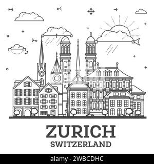 Aperçu Zurich Suisse Skyline de la ville avec des bâtiments modernes et historiques isolés sur blanc. Illustration vectorielle. Paysage urbain de Zurich avec des monuments. Illustration de Vecteur