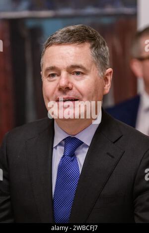 RIGA, Lettonie. 9 janvier 2024. Arvils Aseradens, ministre letton des Finances, rencontre Paschal Donohoe (photo), président de l'Eurogroupe, ministre irlandais des dépenses publiques, de la mise en œuvre du plan de développement national et de la réforme. Crédit : Gints Ivuskans/Alamy Live News Banque D'Images