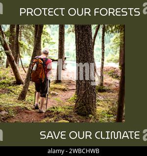 Composite de protéger nos forêts et sauver notre climat texte et femme caucasienne randonnée dans les bois. Nature, conscience, paysage, vue arrière, arbre, vacances a. Banque D'Images