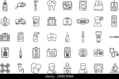 Les icônes de visites chez le médecin définissent le vecteur de contour. Masque infirmier. Maison de soins Illustration de Vecteur