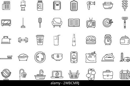 Les icônes de routine quotidienne définissent le vecteur de contour. L'école de vie manger. Sommeil de jour de travail Illustration de Vecteur