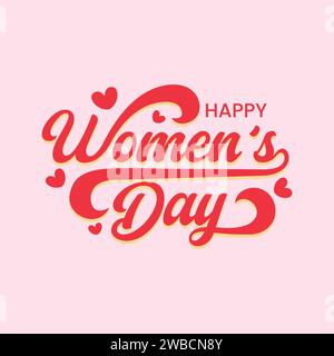 Illustration typographique vectorielle Happy Women's Day avec des icônes de coeur sur fond rose clair. Texte de la journée des femmes, bannière, carte de voeux, affiche, social Illustration de Vecteur