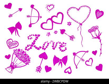 Ensemble d'éléments d'amour. Couleur violette sur fond blanc. Doodle. Cœurs de formes différentes. Arc et flèches de Cupidon. Bouquet de fleurs, arcs, rose, ballon, fleurs. Le mot Amour de Little Hearts. Banque D'Images