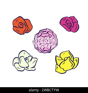 Ensemble de fleurs roses noir ligne art isolé sur blanc Illustration de Vecteur