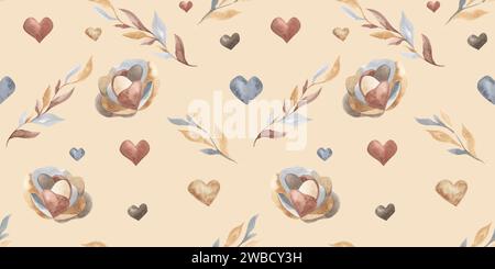 Aquarelle Rose fleur et feuilles abstraites motif sans couture. Grandes fleurs de pêche avec séché. Composition beige pastel dans un style Boho moderne. Douleur à la main Banque D'Images