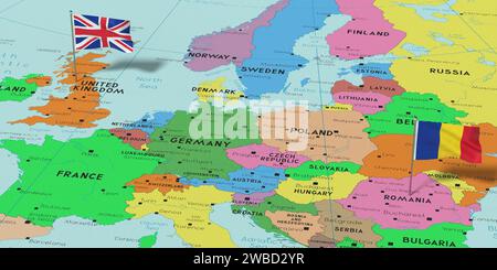 Royaume-Uni et Roumanie - épinglez les drapeaux sur la carte politique - illustration 3D. Banque D'Images