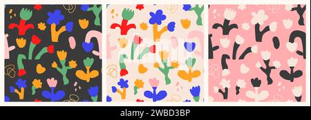 Fleur colorée Seamless motif set illustration.Abctract Funny enfants art floral doodle collection de motifs de dessin animé Illustration de Vecteur