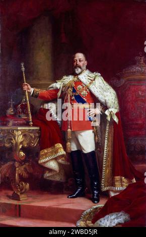 Roi Édouard VII du Royaume-Uni (1841-1910), dans Robes du couronnement, portrait à l'huile sur toile de Sir Samuel Luke Fildes, 1902-1912 Banque D'Images