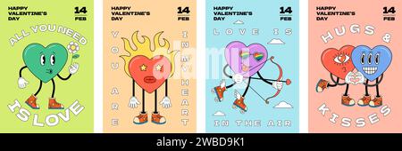 Carte de voeux pour la Saint Valentin. Affiche typographique Groovy art. Personnages de coeur de dessin animé rétro. Mascottes hippy vintage de vacances de Saint-Valentin sur bannière. Affiche hippie folle. Dépliant eps abstrait tendance y2k Illustration de Vecteur