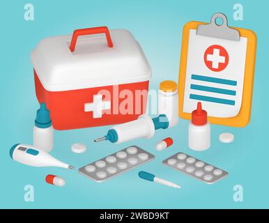 Une trousse de premiers soins avec des fournitures médicales. Ensemble d'articles médicaux, thermomètre, seringue, pipette, comprimés. Illustration vectorielle 3D. Illustration de Vecteur