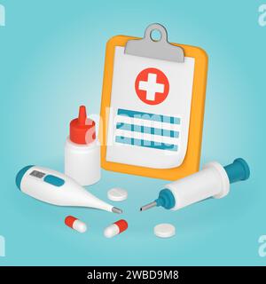 Un presse-papiers avec une Croix-Rouge. Matériel médical, thermomètre, seringue, comprimés, capsules. Illustration vectorielle 3D. Illustration de Vecteur