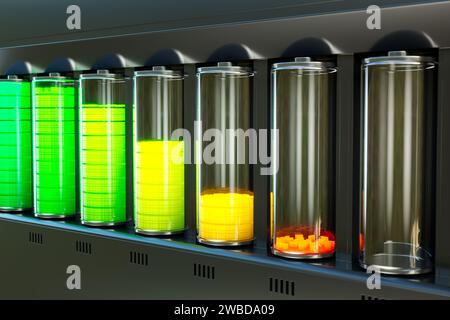 Un affichage méticuleux de tubes à essai de laboratoire remplis de solutions chimiques vives dans un environnement de recherche scientifique stérile, symbolisant l'innovation et e Banque D'Images