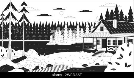 Cabine confortable par le crépuscule du lac noir et blanc fond d'écran lofi Illustration de Vecteur