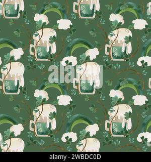 Modèle sans couture avec des symboles de l'Irlande. Papier d'emballage pour St. Patrick's Day. Aquarelle dans le style vintage sur un fond vert Banque D'Images