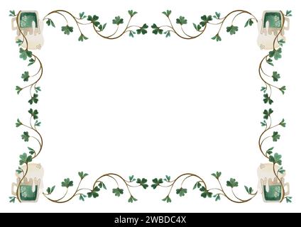 Cadre de brindilles de trèfle shamrock avec des tasses de bière verte. Décoration pour St. Patrick's Day. Illustration d'aquarelle isolée sur fond blanc. Clip Banque D'Images