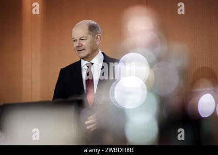 OLAF Scholz, Bundeskanzler, aufgenommen im Rahmen einer Sitzung des Kabinetts. Berlin, 10.01.2024. Berlin Deutschland *** OLAF Scholz, Chancelier fédéral, enregistré lors d'une réunion du Cabinet Berlin, 10 01 2024 Berlin Allemagne Copyright : xJaninexSchmitzx Banque D'Images