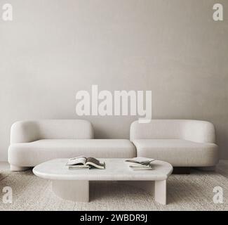 Salon minimaliste avec des canapés courbes élégants et une table basse ronde moderne sur un tapis texturé dans un espace rempli de lumière Banque D'Images