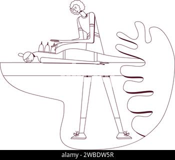 Massage du dos par ventouse bien-être avec masseur professionnel. Concept de SPA design. Tracé de contour. Illustration vectorielle isolée. Illustration de Vecteur