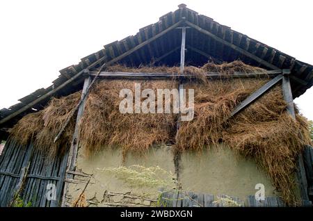 Une grange traditionnelle avec foin dans le comté de Vrancea, Roumanie, env. 1995 Banque D'Images