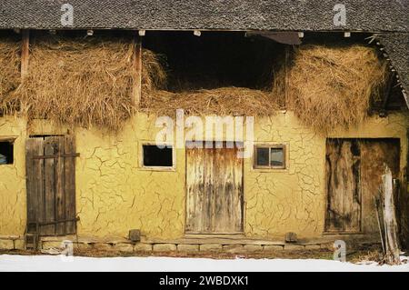 Grange avec foin dans le comté de Vrancea, Roumanie, env. 1999. Banque D'Images