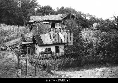 Comté de Vrancea, Roumanie, env. 1992. Propriété rurale avec plusieurs bâtiments de stockage et terres cultivées. Banque D'Images