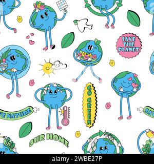 Motif sans couture avec illustration vectorielle rétro de caractère de la Terre Illustration de Vecteur
