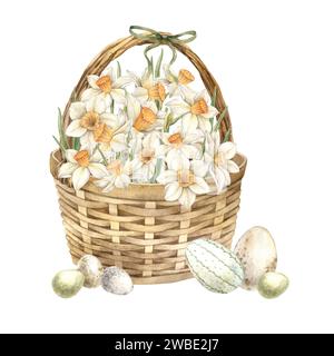 Aquarelle illustration de Pâques avec panier en osier, jonquilles blanches et oeufs de Pâques. Illustration dessinée à la main sur fond isolé pour les cartes de voeux, Banque D'Images