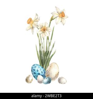 Aquarelle composition de Pâques des jonquilles et des œufs. Illustration de vacances de Pâques dessinée à la main. Croquis sur fond isolé pour les cartes de voeux, invitat Banque D'Images