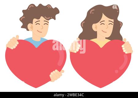 Homme et femme souriants tenant des cœurs. Le gars et la fille donnent des cœurs. Modèles de Saint-Valentin. Illustration vectorielle Illustration de Vecteur