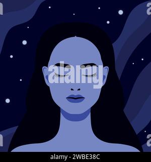 Belle femme avec les yeux fermés sur fond de ciel nocturne avec des étoiles. Illustration vectorielle Illustration de Vecteur