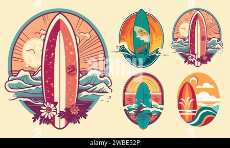 Jeu de modèles de logo Retro Surf. Logo vintage avec planche de surf, mer et soleil Illustration de Vecteur