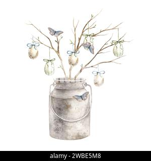 Illustration aquarelle de Joyeuses Pâques avec des œufs, des branches, des arcs et un vase (boîte). Dessiné à la main isolé sur un fond séparé. Convient pour l'accueil Banque D'Images