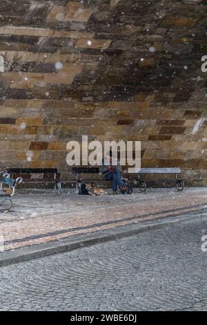 Photo d'un sans-abri assis sur un banc avec son chien à ses côtés. C'était décembre et froid Banque D'Images