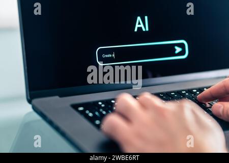 Robot de chat ai prompt. Recherche sur le site Web pour générer des données, du texte ou une image. Homme utilisant l'ordinateur avec l'application d'intelligence artificielle. Assistant virtuel. Banque D'Images