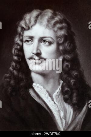 Portrait de Molière ou Jean-Baptiste Poquelin (1622-1673) dramaturge français. Image vintage ou historique en noir et blanc ou monochrome. Banque D'Images