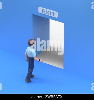 Illustration 3D de l'homme asiatique Felix suit le chemin indiqué à la sortie par une porte ouverte, une route d'évasion.rendu 3D sur fond bleu. Banque D'Images