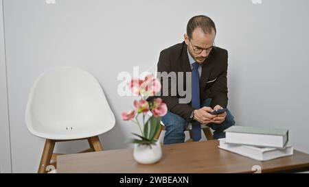 Un homme d'affaires utilisant un smartphone assis dans une pièce minimaliste avec une chaise moderne et une décoration florale. Banque D'Images