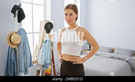 Une jeune femme confiante se tient les mains sur les hanches dans une chambre bien rangée et ensoleillée avec un décor moderne et une armoire décontractée en arrière-plan. Banque D'Images