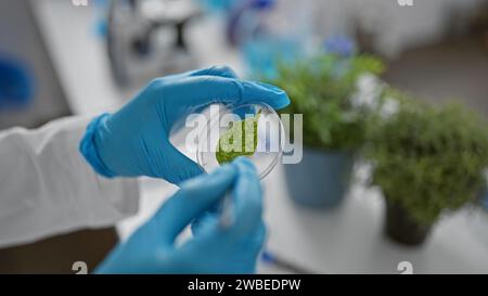 Un scientifique examine une feuille dans une boîte de Pétri à l'intérieur d'un laboratoire, représentant la recherche et la biotechnologie. Banque D'Images